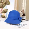Elegant bright blue wool felt cloche hat featuring a stylish matching bow decoration - Blue