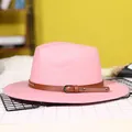 Pink wool fedora hat with brown faux leather belt and metallic buckle detail - 57cm / Pink