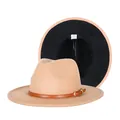 Two-tone wool fedora hat in camel and black with leather strap and metal buckle - 57cm / Khaki and Black