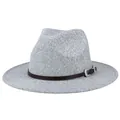 Light gray wool felt fedora hat with brown leather band and silver floral metal buckle - M (56-58cm) / Mixed Light Grey