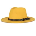 Classic bright yellow wool fedora hat with black studded leather belt and buckle - 57cm / Yellow