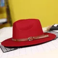 Classic red wool fedora hat with brown leather band and metal buckle for winter - 57cm / Burgundy