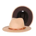 Beige wool fedora hat with dark brown contrast brim and gold buckle leather band - 57cm / Khaki and Brown