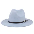 Classic light blue wool felt fedora hat with a brown leather band and silver buckle - M (56-58cm) / Mixed Light Blue