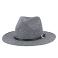 Gray wool fedora hat with a brown leather band and ornate silver buckle detail - M (56-58cm) / Mixed Dark Grey