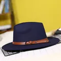 Dark blue wool fedora hat with brown leather belt and metallic buckle accessory - 57cm / Navy Blue