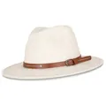 Beige wide brim fedora hat with brown leather buckle strap and silver rivet details - Standard Spec / Off White