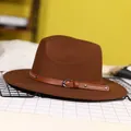 Brown wool felt fedora with a leather band featuring a metal buckle and white stitching - 57cm / Coffee