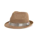 Brown woven fedora hat featuring a stylish wide silver sequin band for performance - One Size / Rhinestone Band Style / Brown