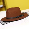 Classic brown wide brim wool fedora hat with black leather strap and metal buckle detail - 57cm / Coffee