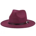 Elegant wine red wool fedora hat featuring a black leather band with silver buckle - M (56-58cm) / Heather Wine Red