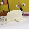 Straw fedora hat in cream with elegant pearl and rhinestone trim for summer - 5.7cm / Pearl Rhinestone Floral Style / Cream