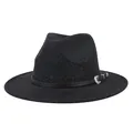 Dark grey wide brim fedora hat with black leather band and engraved silver buckle - M (56-58cm) / Mixed Black
