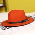 Orange wool felt wide brim fedora hat with black leather strap and silver metal buckle - 57cm / Caramel color