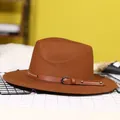 Brown wide-brim wool fedora hat with studded leather belt buckle for men and women - 57cm / Tan