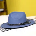 Blue wool fedora hat featuring a black leather band with silver buckle and white stitching - 57cm / Fog Blue
