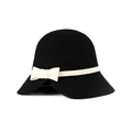 Elegant black wool cloche hat for women with a contrasting cream ribbon and bow detail - Black 2
