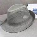 Grey breathable mesh trilby hat for men with narrow brim shown on fabric background - 58cm / Gray
