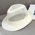Beige breathable mesh fedora summer sun hat with stylish woven band and rolled brim - 58cm / Cream