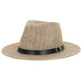 Men's summer linen Panama hat with wide brim, straw texture and black leather band decoration - 58cm / Khaki