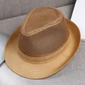 Brown breathable polyester mesh fedora hat with sun protection for men in summer - 58cm / Khaki