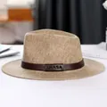 Lhasa summer linen panama hat in light brown with dark leather band for men - 58cm / Khaki With Leather Belt