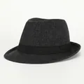 Classic British plaid fedora hat for men featuring a textured grey weave and black ribbon - M (56-58cm) / Black Top Hat