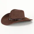 Brown suede cowboy hat with a wide brim and silver bull skull metal decoration - 58cm / Dark Brown