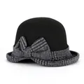 Elegant black wool cloche hat for women with grey plaid bow and vintage round brim style - Black