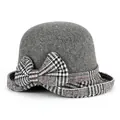 Women's foldable wool felt cloche hat in dark grey with a stylish checkered bow detail - Gray