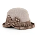 Oatmeal wool dome hat for women with a classic brown British plaid ribbon and bow - Brown
