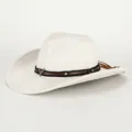 White faux suede cowboy hat featuring a silver bull skull emblem and leather fringe - 58cm / Off White