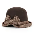 Deep brown cloche hat for women featuring a vintage plaid bow and soft wool texture - Coffee