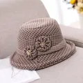 Vintage brown houndstooth wool cloche hat with floral detail for elderly women - M (56-58cm) / Khaki