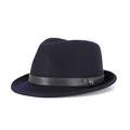 Classic dark blue wool felt fedora hat featuring a black leather band and M logo accent - Navy Blue With Black Belt