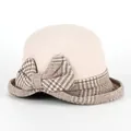 Elegant beige wool cloche hat for women with houndstooth bow accent and retro style - Off White