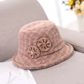 Elegant brown plaid wool fisherman hat for women with decorative fabric flowers - M (56-58cm) / Plaid Pink