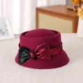 Elegant wine red wool cloche hat with a decorative bow for women in winter style - 56-57cm / Burgundy