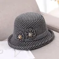 Winter wool bucket hat with houndstooth pattern and floral rhinestone detail - M (56-58cm) / Gray