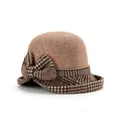 Elegant brown wool cloche hat with a plaid bow decoration and vintage British style - Khaki