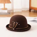 Elegant coffee brown wool cloche hat for women with pearl accents and scalloped fabric detail - 56-57cm / Coffee