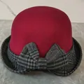 Elegant dark red wool cloche hat with a houndstooth bow for women winter fashion - Burgundy