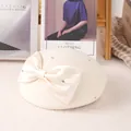 French vintage wool beret with oversized satin bow, pearls and rhinestones in creamy beige - M (56-57cm) / White