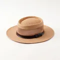 Cappello parasole in paglia traspirante con cupola piatta e cinturino in pelle marrone - M (57-58cm) / Stile Fascia Pelle con Goffratura LHASA / Cachi con Distintivo LHASA