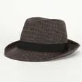 Classic British style dark brown plaid fedora hat with a black decorative ribbon band - M (56-58cm) / Grid Fedora Coffee