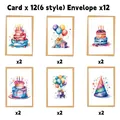 Set of 12 watercolor birthday cards with 6 assorted cake and balloon designs - Watercolor Cake Series (QT1374)