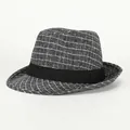 Classic dark grey plaid jazz fedora hat with elegant black ribbon band detail - M (56-58cm) / Grid Fedora Gray