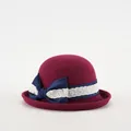 Elegant burgundy wool felt bucket hat featuring a stylish navy blue satin bow ribbon - 56-57cm / Burgundy