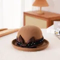 Elegant dark camel wool felt cloche hat with a brown satin bow and pearl lace detail - 56-57cm / Khaki