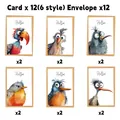 Set of 12 blank birthday cards featuring colorful watercolor bird and plant illustrations - Owl Illustration Style (QT1367-2) / 12 Sheets